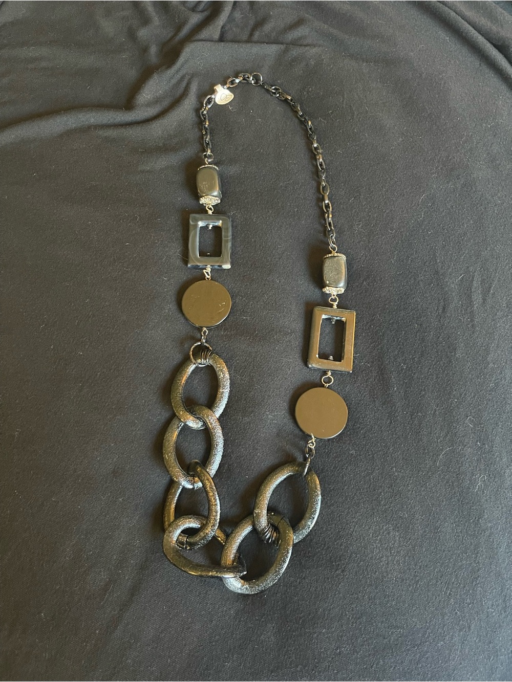 Statement Black Link Necklace with Geometric Accents